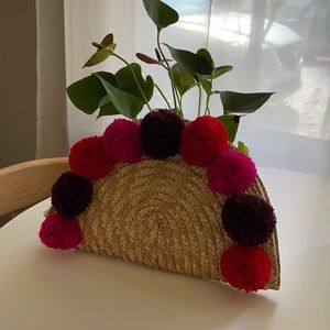 Pom Pom Decor Woven Clutch Bag